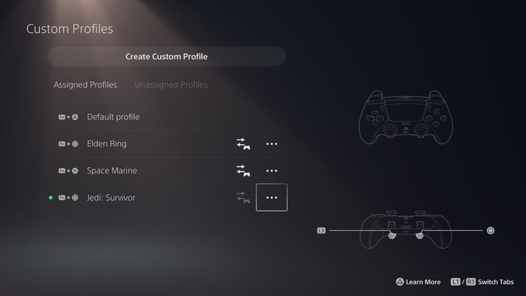 DualSense Edge Profiles Screen