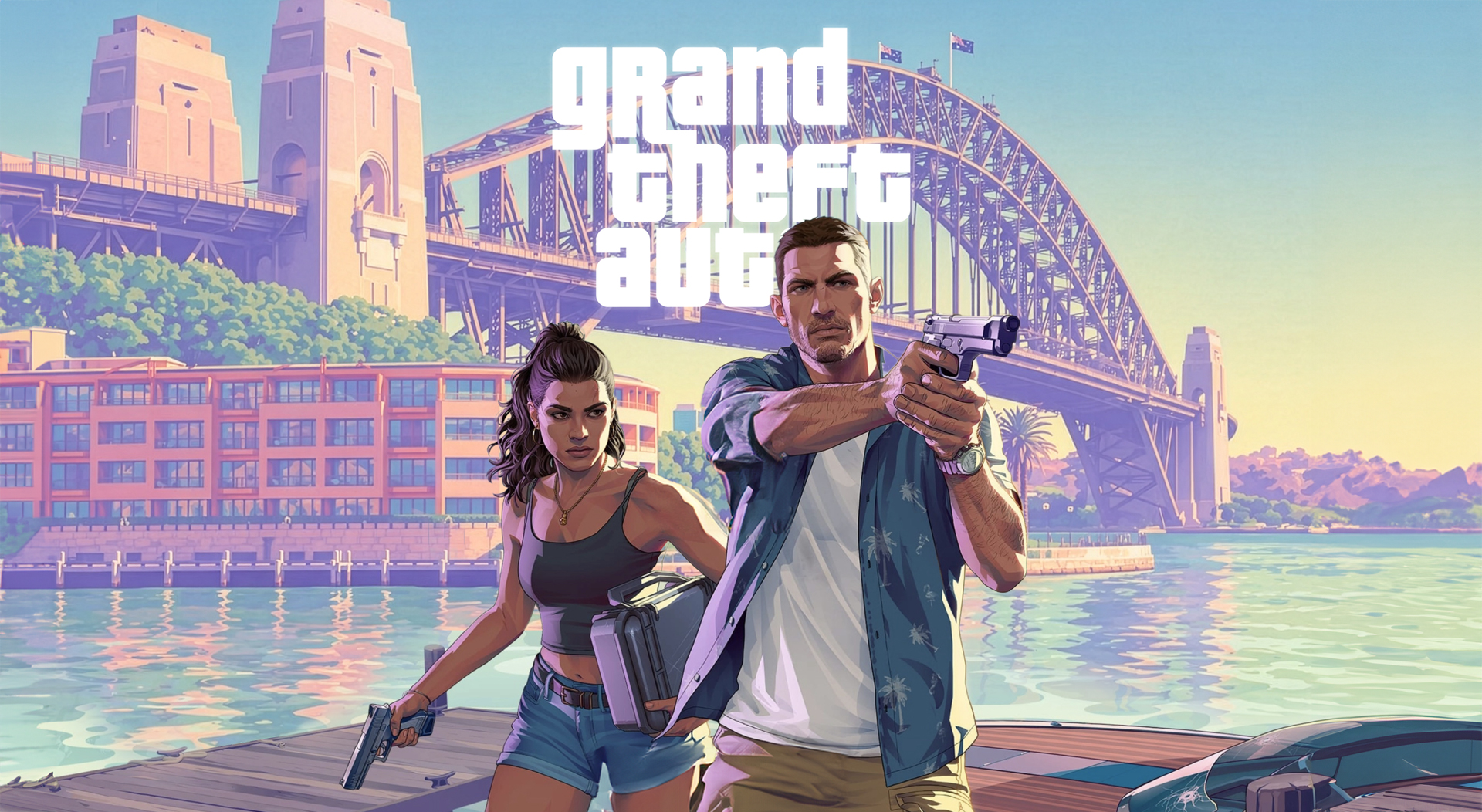 A digital art image of GTA characters in front of Sydney harbour bridge