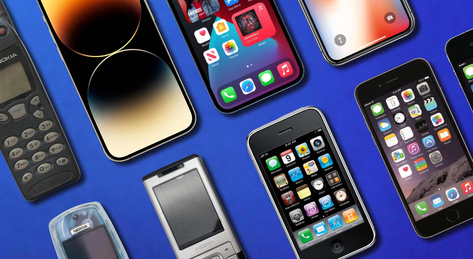 Nine different phone models displayed on a blue background