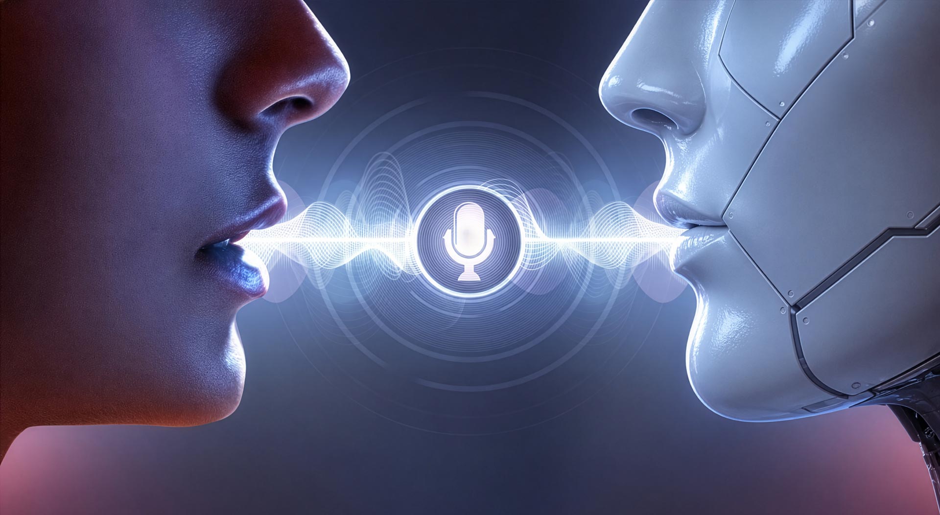 Split-face illustration showing a human face on one side and a robot face on the other, with a microphone icon between their mouths to represent AI mimicking human voice.