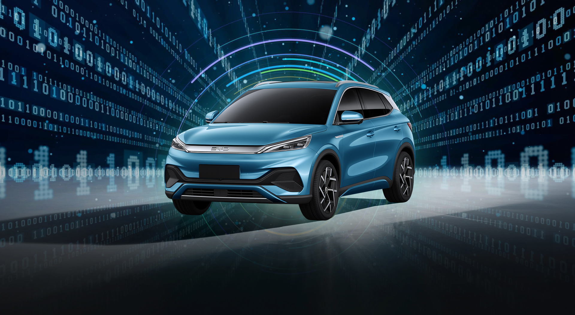 A car displayed with a data background