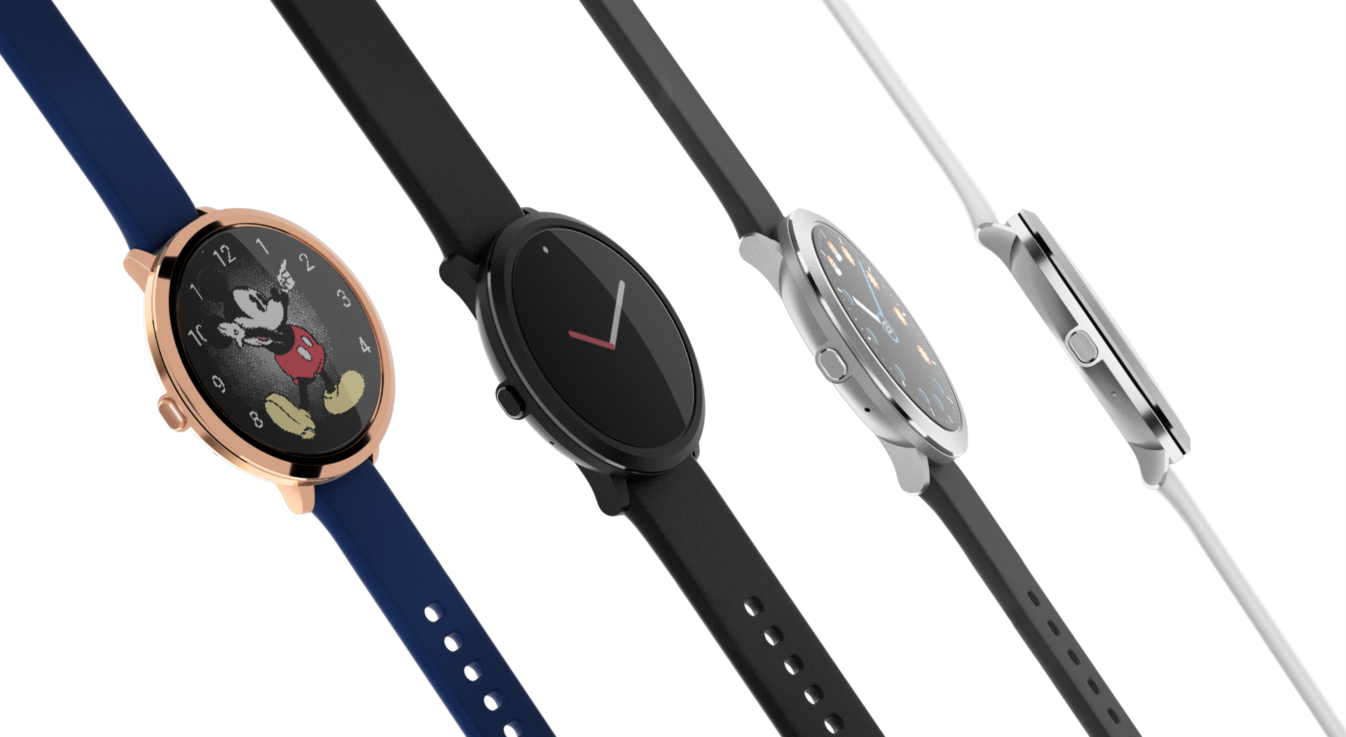 A image of four Pebble smartwatches of different colours